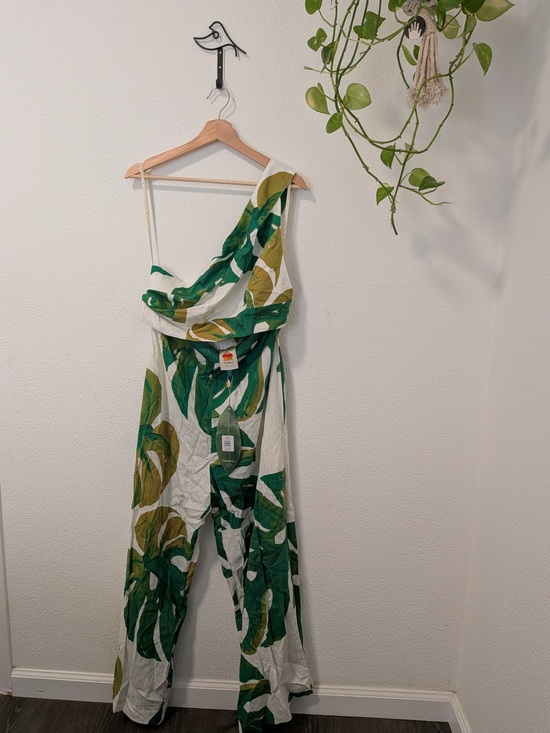 FARM Rio Pants - FarmRio Monstera One-Shoulder Jumpsuit - Green/White